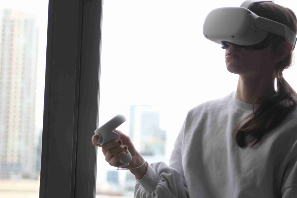 image of VR headset being used for business meeting